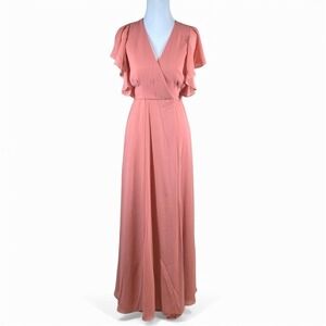 Hutch Anthropologie True Wrap Maxi Dress Sz XS Rose Pink Chiffon Flutter Sleeve